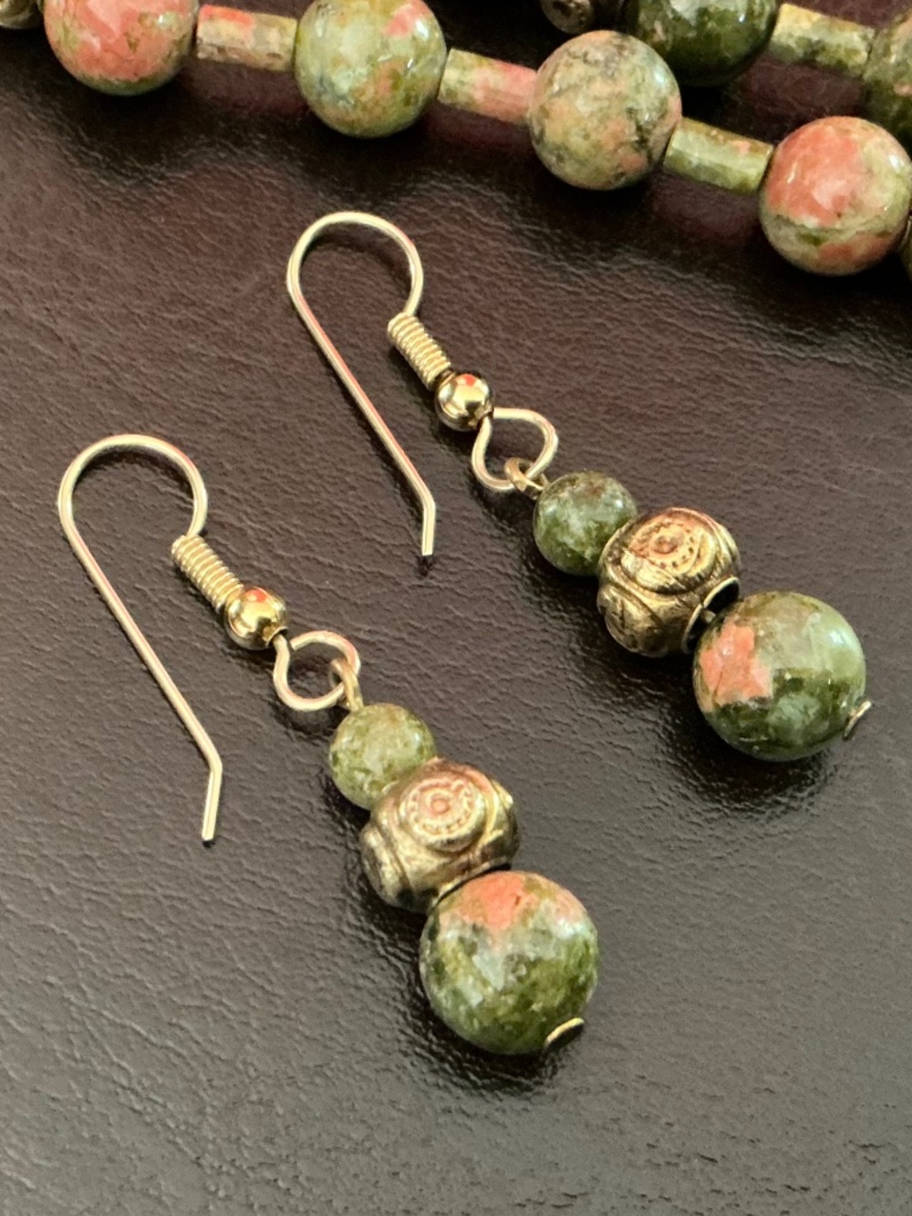 Vintage Unakite Natural Polished Bead Necklace & Earring Set Marbled Stones EUC - Picture 10 of 16